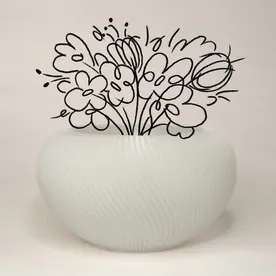 A white ribbed 3D-printed bud vase with a hand-drawn flower bouquet.