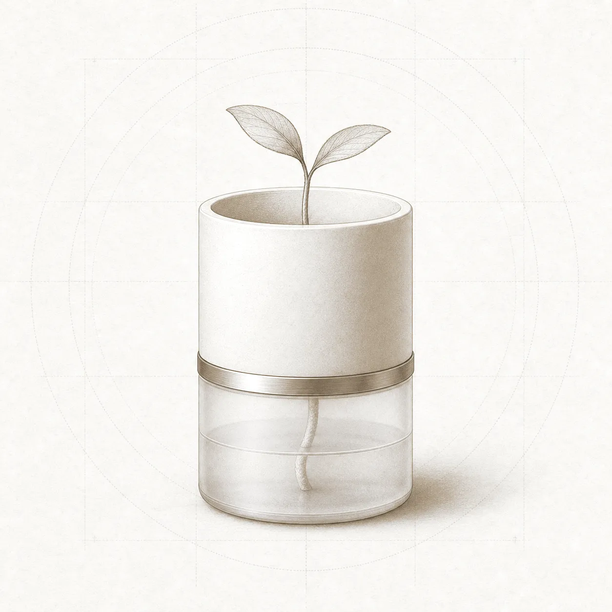 Ankura, a self-watering desk planter, shown as an exploded specimen render.