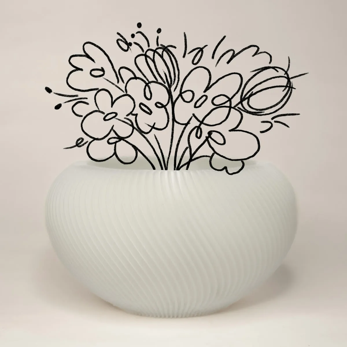 A white ribbed 3D-printed bud vase with a hand-drawn flower bouquet.