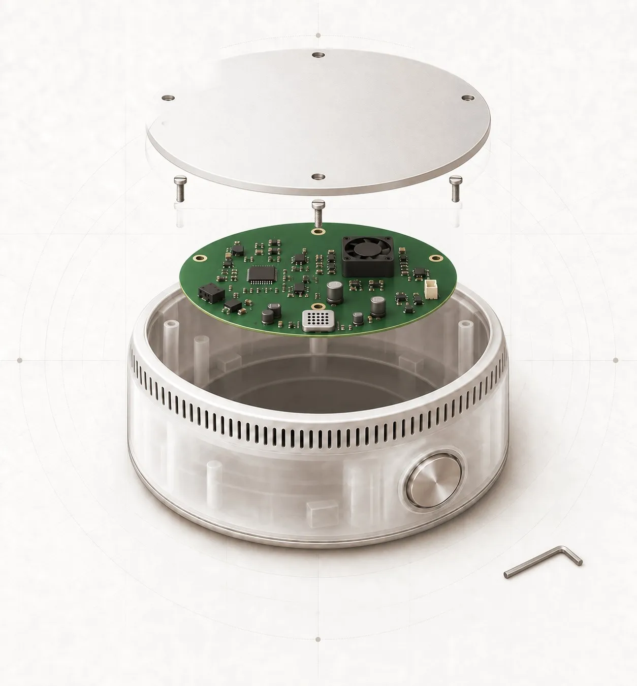Vayu, an air-quality monitor, opening up: the lid lifts, the four bolts come out and the circuit board rises out of the frosted body.